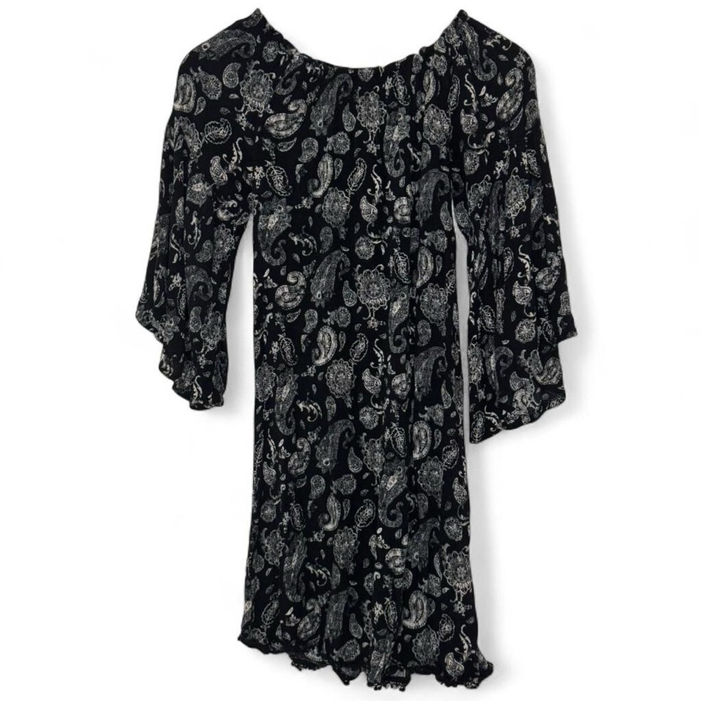 Black White Paisley Print Flowy Quarter Sleeve Mini Dress Ruffle Hem Whimsygoth